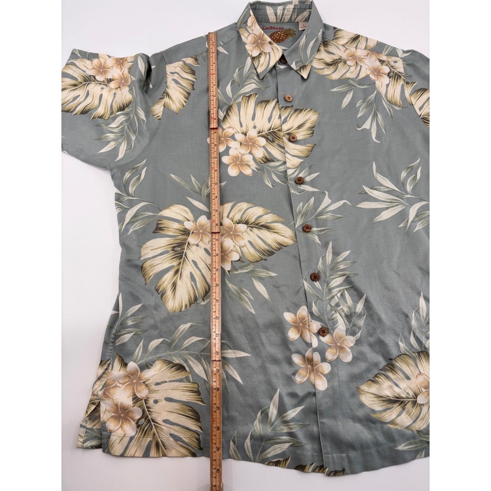 Caribbean Mens Silk Cotton Tropical Floral Print Shirt Sage Green L - Picture 8 of 9